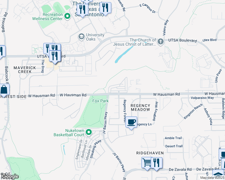 map of restaurants, bars, coffee shops, grocery stores, and more near 6515 West Hausman Road in San Antonio