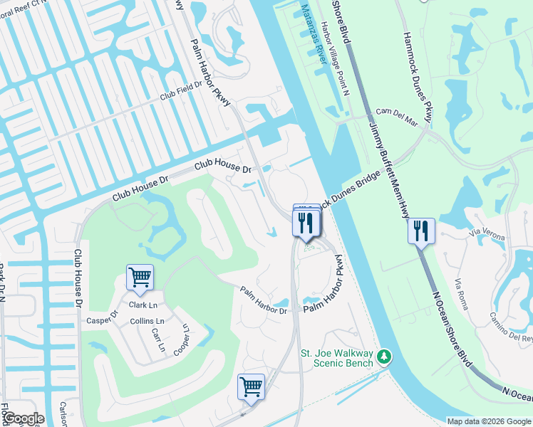 map of restaurants, bars, coffee shops, grocery stores, and more near 1300 Misty Harbor Trace in Palm Coast