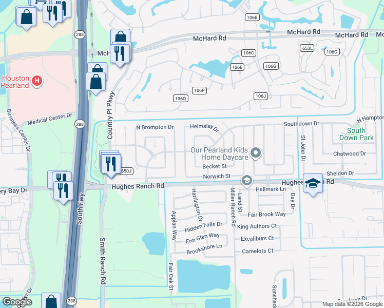 map of restaurants, bars, coffee shops, grocery stores, and more near 1111 Woodbridge Avenue in Pearland