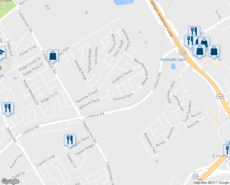 map of restaurants, bars, coffee shops, grocery stores, and more near 14418 Bowhill Glen in San Antonio