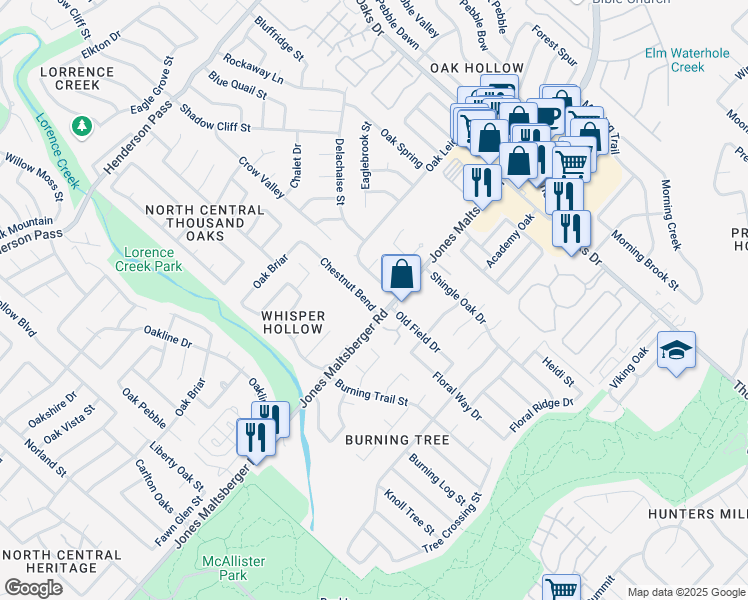 map of restaurants, bars, coffee shops, grocery stores, and more near 2675 Chestnut Bend in San Antonio