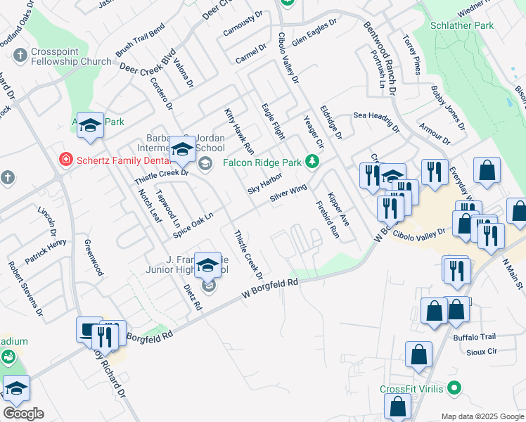 map of restaurants, bars, coffee shops, grocery stores, and more near 105 Cloud Crossing in Cibolo