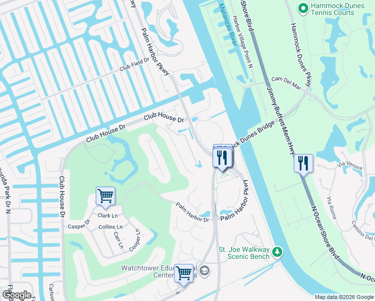 map of restaurants, bars, coffee shops, grocery stores, and more near 1300 Misty Harbor Trace in Palm Coast