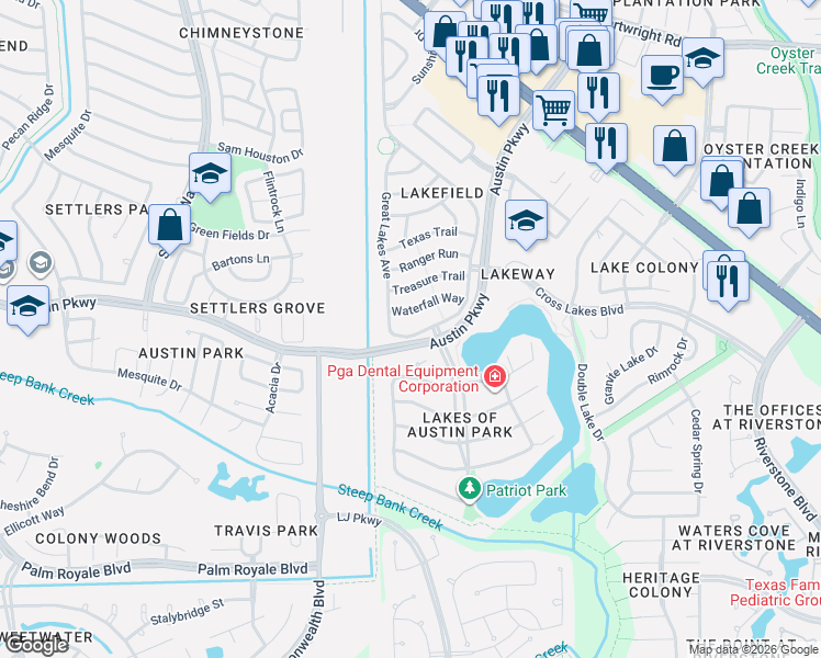 map of restaurants, bars, coffee shops, grocery stores, and more near 3202 Explorer Cove in Sugar Land