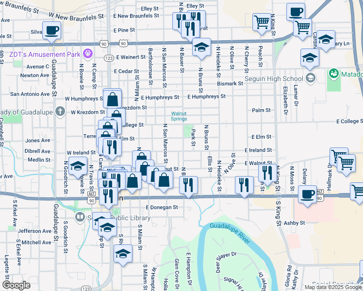 map of restaurants, bars, coffee shops, grocery stores, and more near 622e East Ireland Street in Seguin
