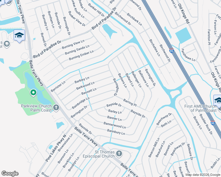map of restaurants, bars, coffee shops, grocery stores, and more near 84 Bainbridge Lane in Palm Coast