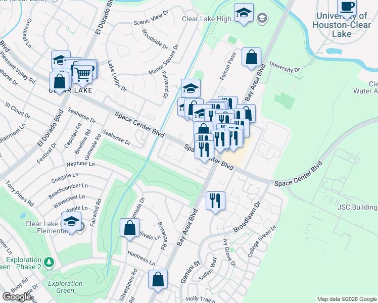map of restaurants, bars, coffee shops, grocery stores, and more near 16190 Space Center Boulevard in Houston