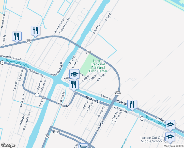 map of restaurants, bars, coffee shops, grocery stores, and more near 151-201 E 6th St in Larose