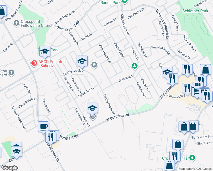 map of restaurants, bars, coffee shops, grocery stores, and more near 217 Silver Wing in Cibolo
