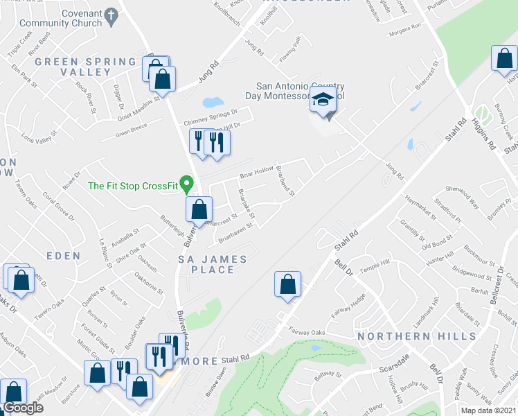 map of restaurants, bars, coffee shops, grocery stores, and more near 3910 Briarcrest Street in San Antonio