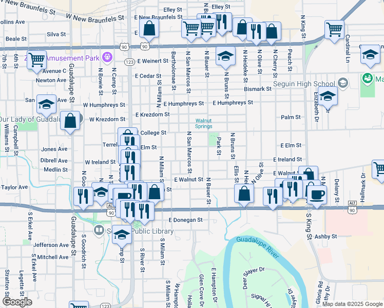 map of restaurants, bars, coffee shops, grocery stores, and more near 622e East Ireland Street in Seguin