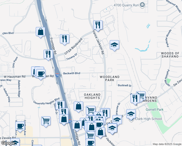 map of restaurants, bars, coffee shops, grocery stores, and more near 5020 Beckwith Boulevard in San Antonio
