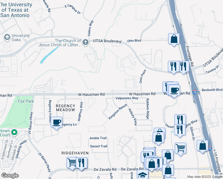 map of restaurants, bars, coffee shops, grocery stores, and more near 6051 Valparaiso Way in San Antonio