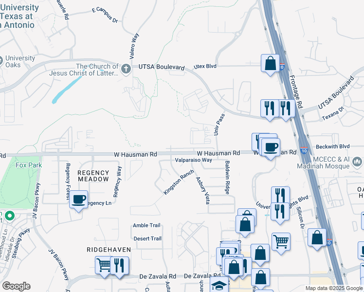map of restaurants, bars, coffee shops, grocery stores, and more near 6051 Valparaiso Way in San Antonio