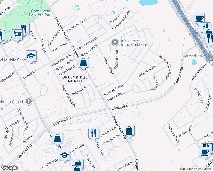 map of restaurants, bars, coffee shops, grocery stores, and more near 6627 Raintree Forest in San Antonio