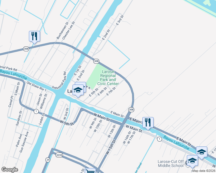 map of restaurants, bars, coffee shops, grocery stores, and more near 201 E 6th St in Larose