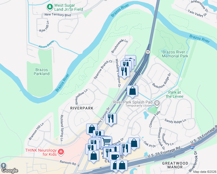 map of restaurants, bars, coffee shops, grocery stores, and more near 5522 Linden Grove Court in Sugar Land