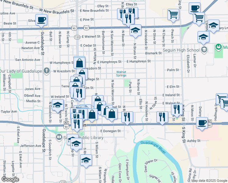map of restaurants, bars, coffee shops, grocery stores, and more near 622e East Ireland Street in Seguin