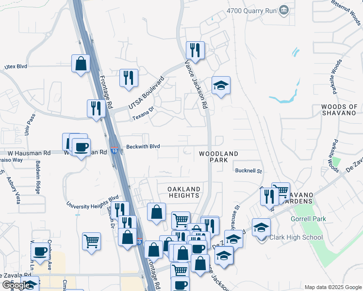 map of restaurants, bars, coffee shops, grocery stores, and more near 5020 Beckwith Boulevard in San Antonio