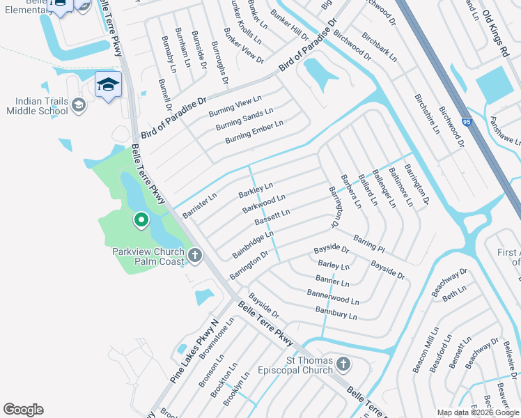 map of restaurants, bars, coffee shops, grocery stores, and more near 23 Bassett Lane in Palm Coast