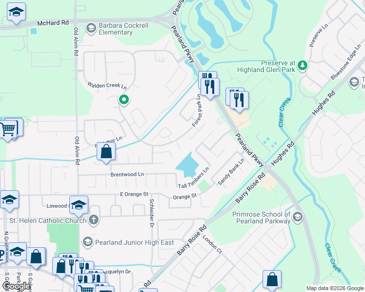 map of restaurants, bars, coffee shops, grocery stores, and more near 2011 Foxglove Oaks Lane in Pearland