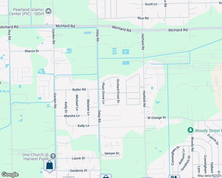 map of restaurants, bars, coffee shops, grocery stores, and more near 6012 Village Grove Drive in Pearland
