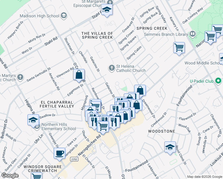 map of restaurants, bars, coffee shops, grocery stores, and more near 5343 Galacino Street in San Antonio