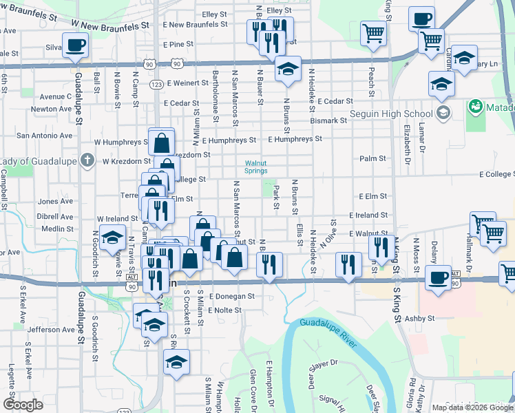 map of restaurants, bars, coffee shops, grocery stores, and more near 622e East Ireland Street in Seguin