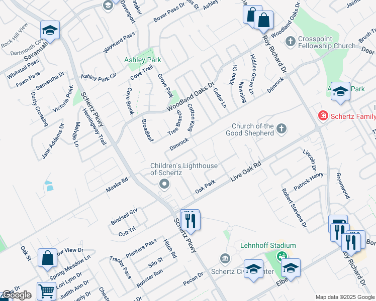 map of restaurants, bars, coffee shops, grocery stores, and more near 817 Water Oak in Schertz