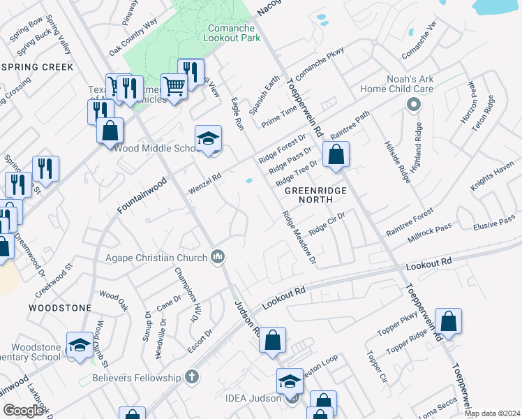 map of restaurants, bars, coffee shops, grocery stores, and more near 14525 Clovelly Wood in San Antonio