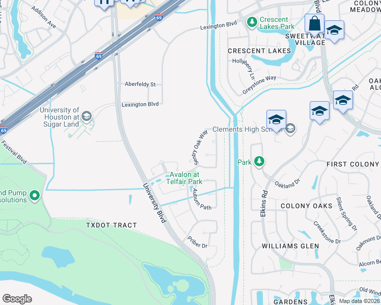 map of restaurants, bars, coffee shops, grocery stores, and more near 2806 Sentry Oak Way in Sugar Land