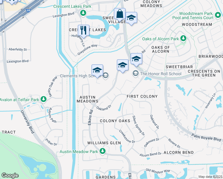 map of restaurants, bars, coffee shops, grocery stores, and more near 121 Telfair Central Boulevard in Sugar Land