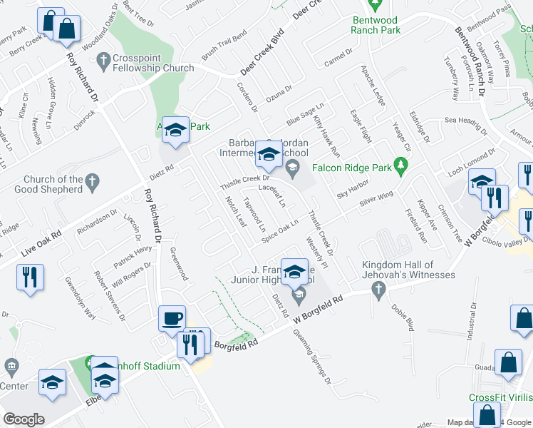 map of restaurants, bars, coffee shops, grocery stores, and more near 206 Rosegate Drive in Cibolo