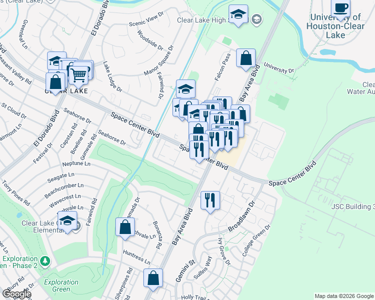 map of restaurants, bars, coffee shops, grocery stores, and more near 16200 Space Center Boulevard in Houston