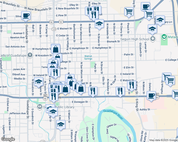 map of restaurants, bars, coffee shops, grocery stores, and more near 622e East Ireland Street in Seguin