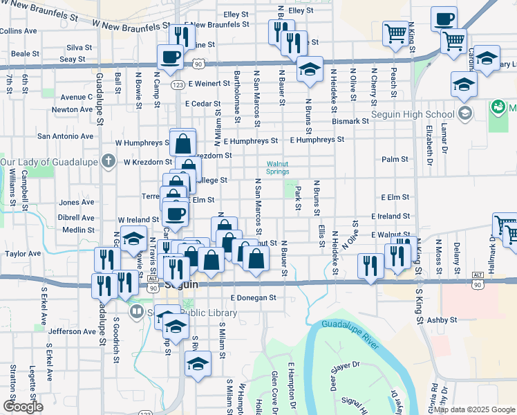 map of restaurants, bars, coffee shops, grocery stores, and more near 521 East Ireland Street in Seguin