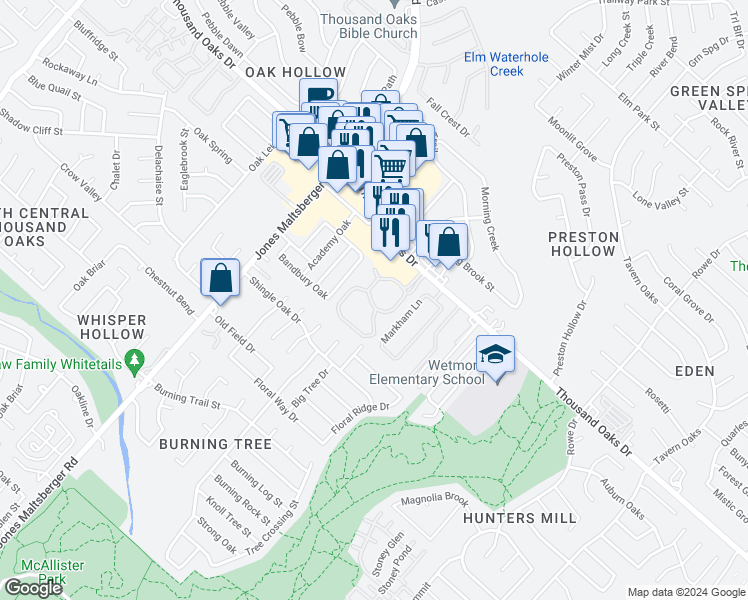 map of restaurants, bars, coffee shops, grocery stores, and more near 3110 Thousand Oaks Drive in San Antonio