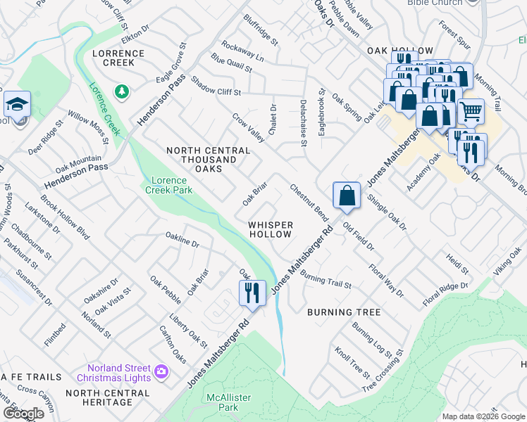 map of restaurants, bars, coffee shops, grocery stores, and more near 14200 Butlers Bridge in San Antonio