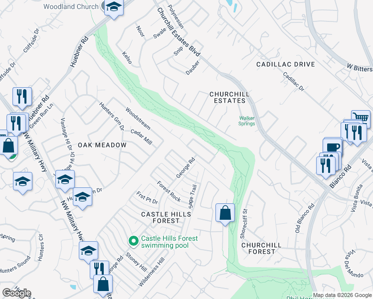 map of restaurants, bars, coffee shops, grocery stores, and more near 13706 Wilderness Creek Drive in San Antonio