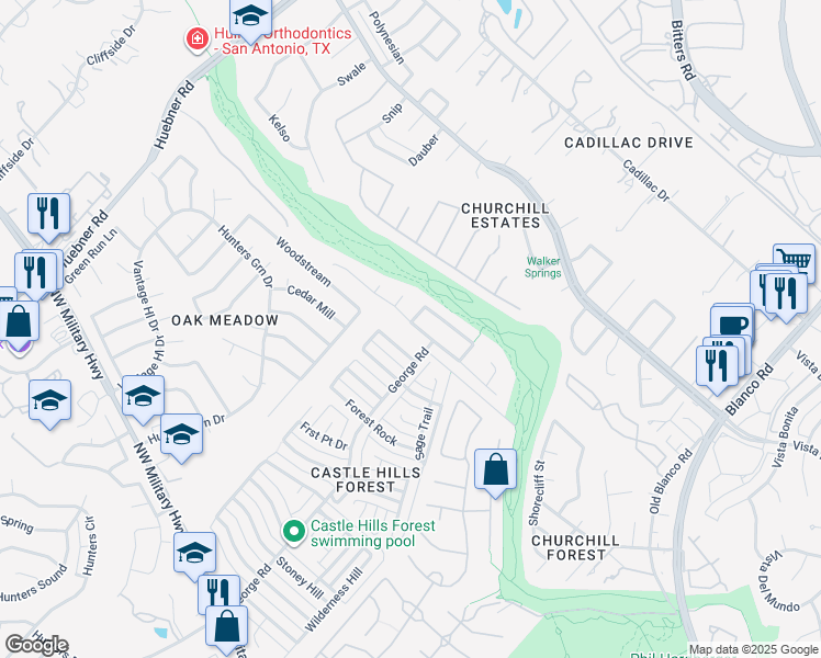 map of restaurants, bars, coffee shops, grocery stores, and more near 13706 Wilderness Creek Drive in San Antonio