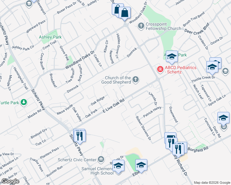 map of restaurants, bars, coffee shops, grocery stores, and more near 2200 Oak Place in Schertz