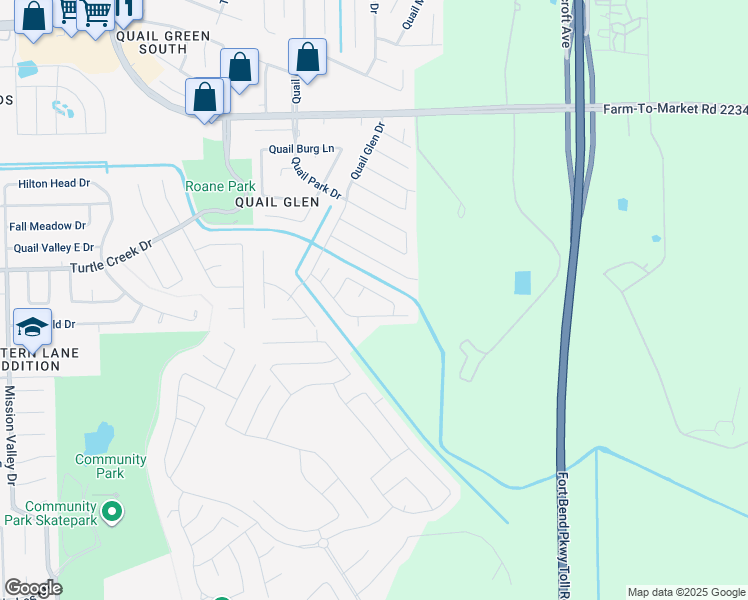 map of restaurants, bars, coffee shops, grocery stores, and more near 8323 North Meadow Bird Circle in Missouri City