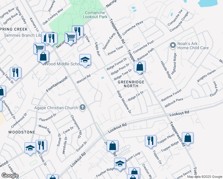 map of restaurants, bars, coffee shops, grocery stores, and more near 6334 Green Top Drive in San Antonio