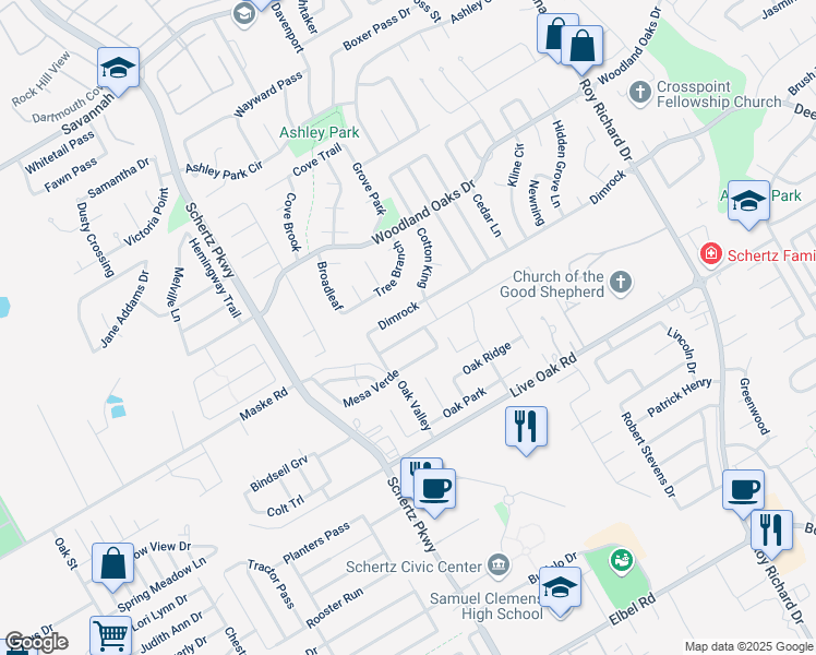map of restaurants, bars, coffee shops, grocery stores, and more near 833 Water Oak in Schertz