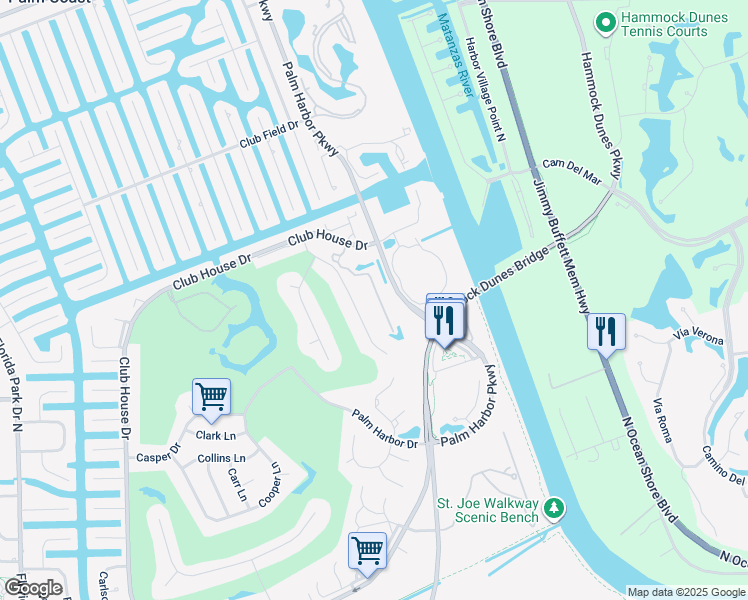 map of restaurants, bars, coffee shops, grocery stores, and more near 1300 Misty Harbor Trace in Palm Coast
