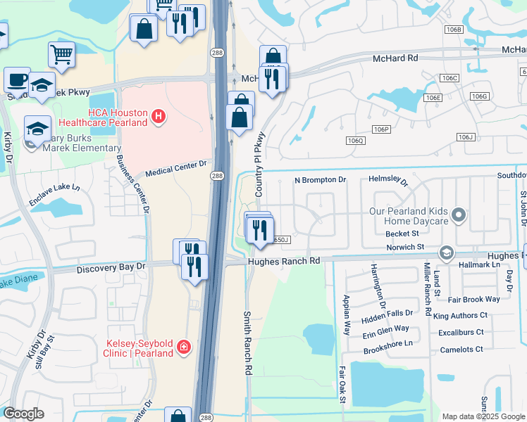 map of restaurants, bars, coffee shops, grocery stores, and more near 1126 Andover Drive in Pearland