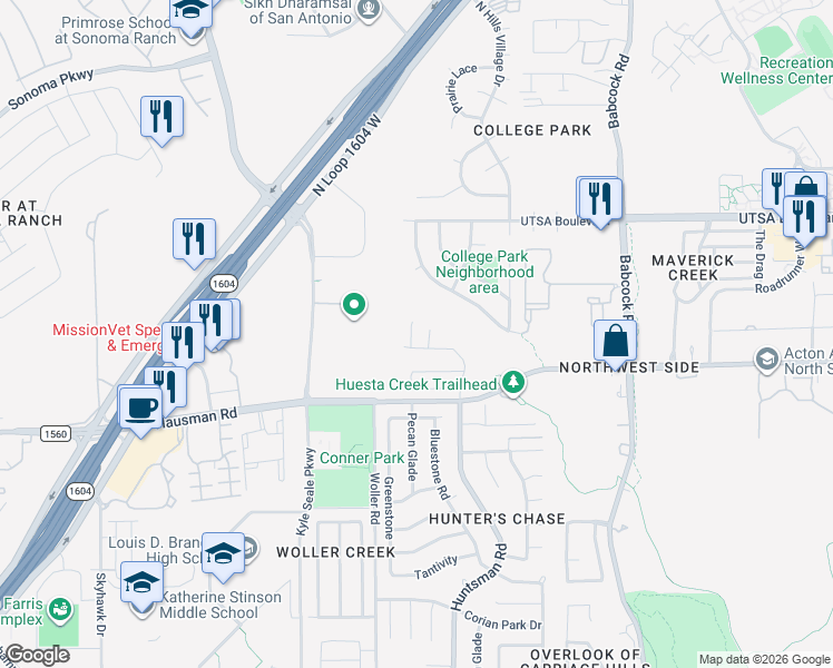 map of restaurants, bars, coffee shops, grocery stores, and more near 7754 Nature Pass in San Antonio