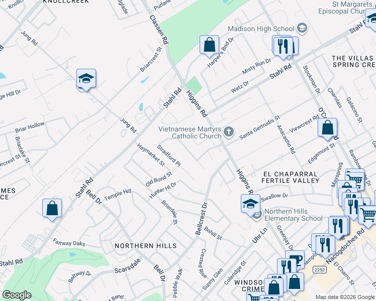 map of restaurants, bars, coffee shops, grocery stores, and more near 4467 Stradford Place in San Antonio