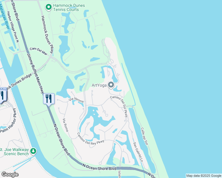 map of restaurants, bars, coffee shops, grocery stores, and more near 125 Avenue De La Mer in Palm Coast