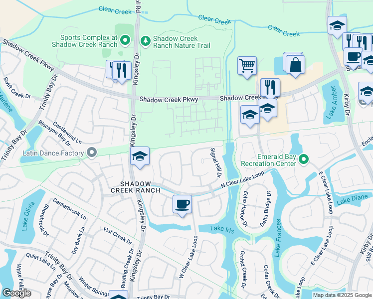 map of restaurants, bars, coffee shops, grocery stores, and more near 2109 Drake Falls Drive in Pearland